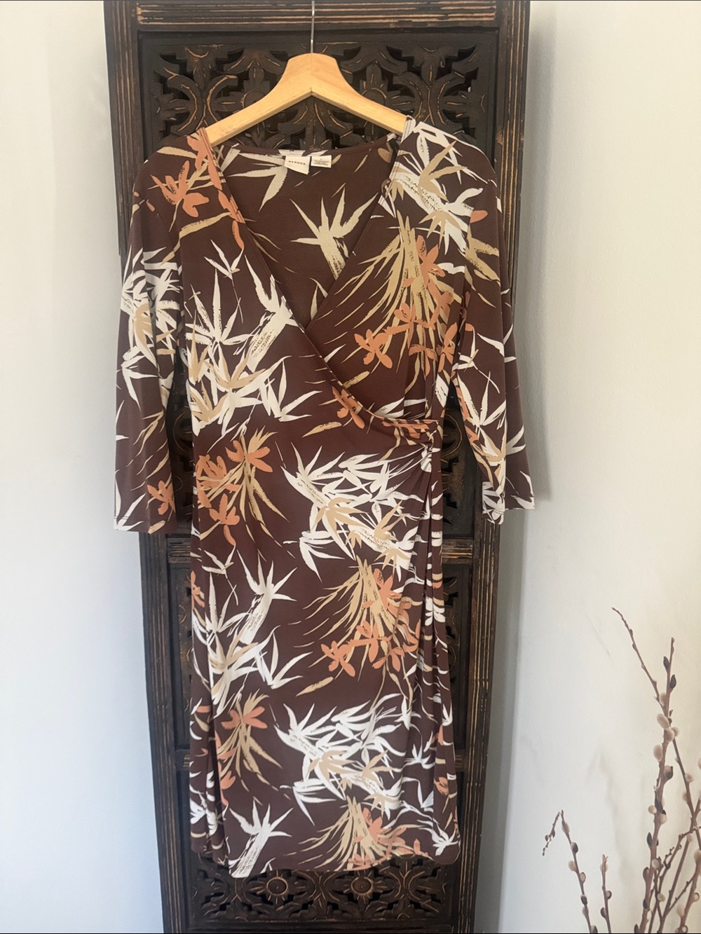 Merona Brown Midi Wrap Dress with Cream and Tan Floral Print